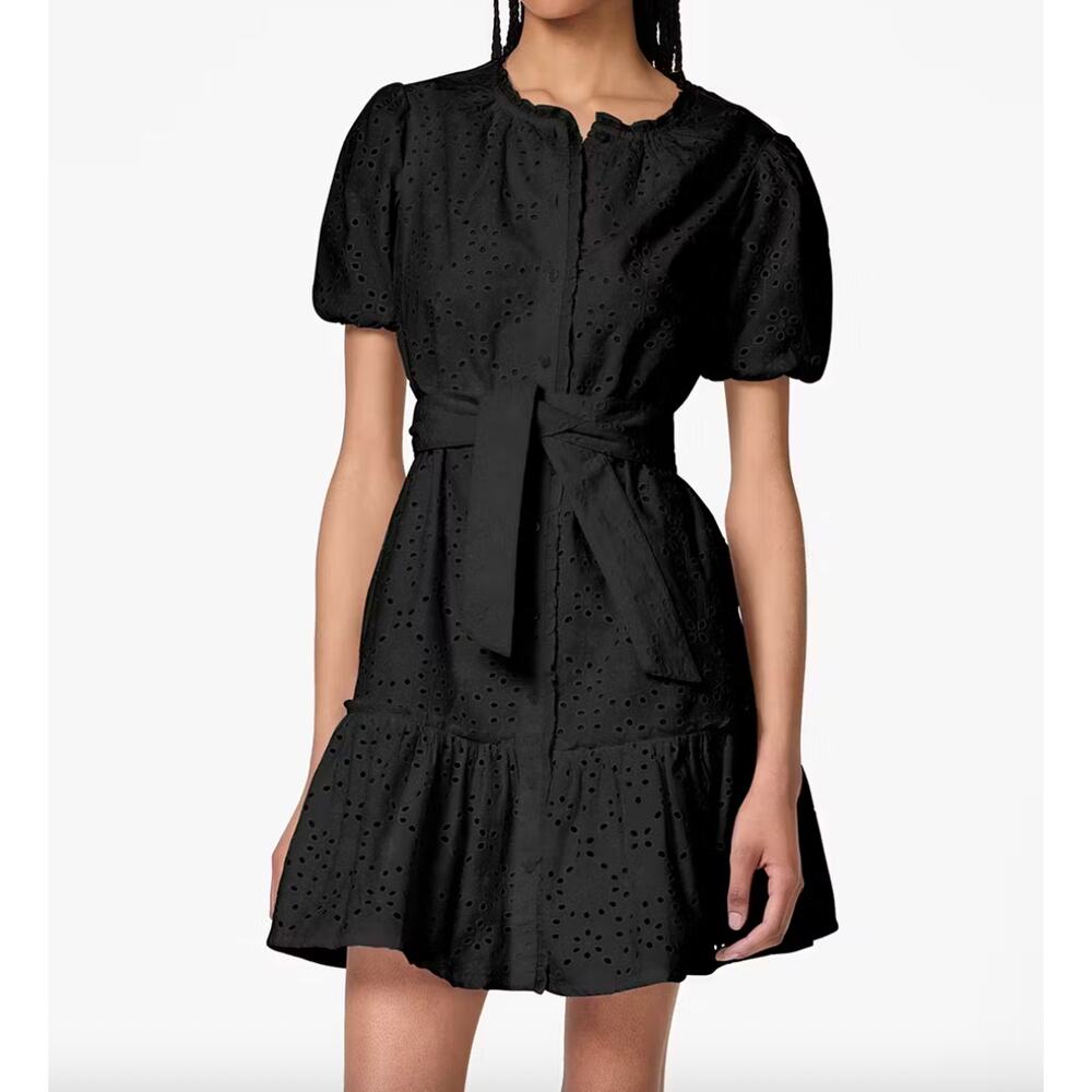 Kate Spade Black Floral Eyelet Mini Shirt Dress Large- cotton, Cottage/Preppy